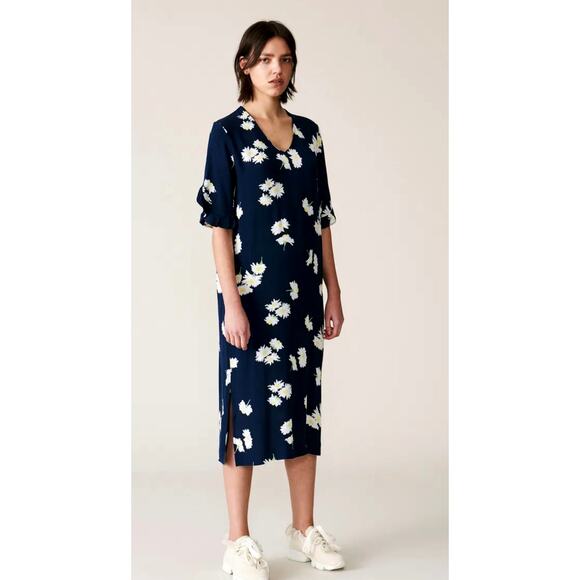 GANNI Silvery Crepe Floral Midi Dress Size S 100% Viscose Short Sleeves V Neck - Picture 1 of 11
